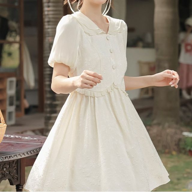 sansweet - Puff-Sleeve Collar Plain Mini A-Line Dress | YesStyle