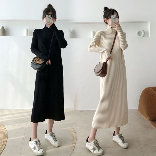 Sienne-Turtleneck Midi A-Line Sweater Dress