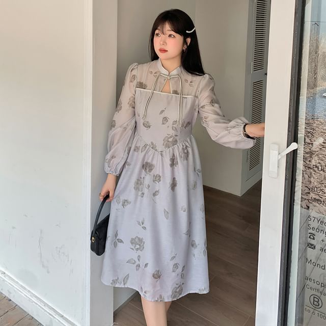 Tripoly - Plus Size Long Sleeve V-Neck Floral Midi A-Line Dress | YesStyle