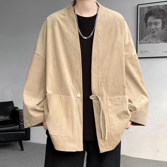 FORSETI-V-Neck Plain One-Buttoned Corduroy Jacket