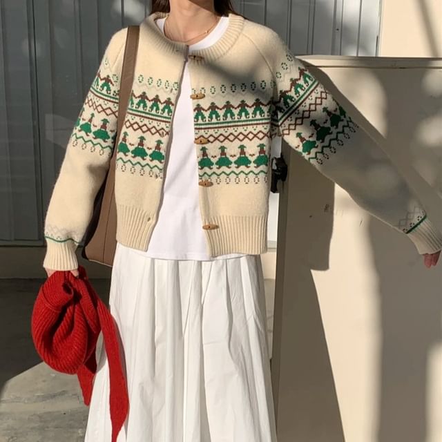 Beem-Crew Neck Jacquard Toggle Cardigan