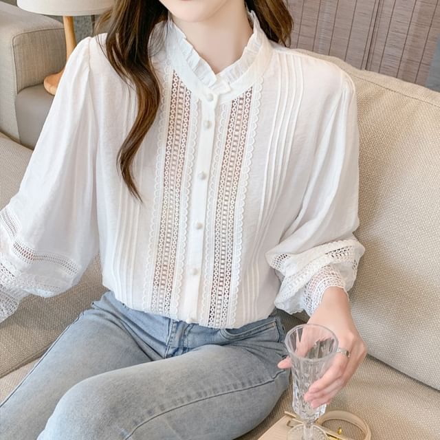 Dragan Pulse-Long Sleeve Stand Collar Plain Ruffle Panel Blouse