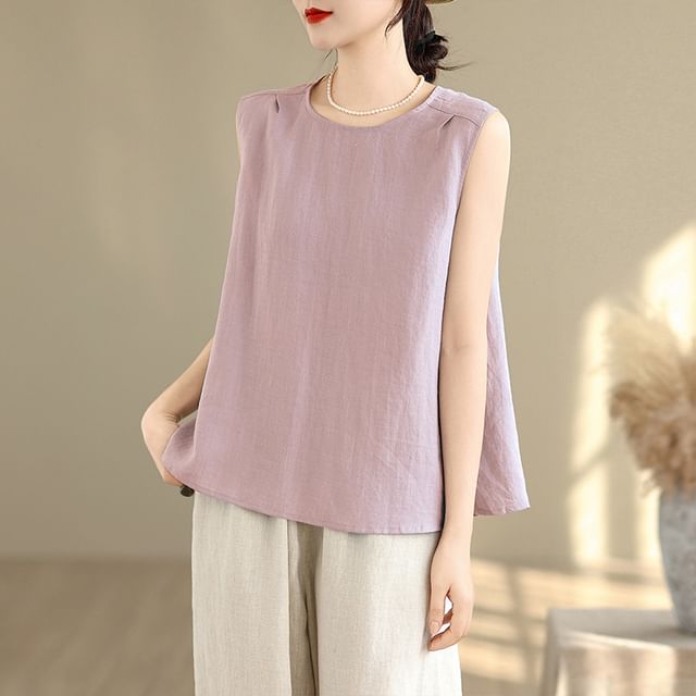 Lewwe-Sleeveless Crew Neck Plain Top