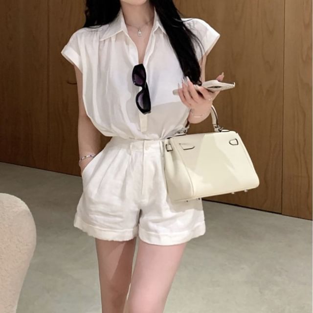 Yilda-Cap-Sleeve Collared Half-Buttoned Plain Blouse High Waist Wide Leg Shorts