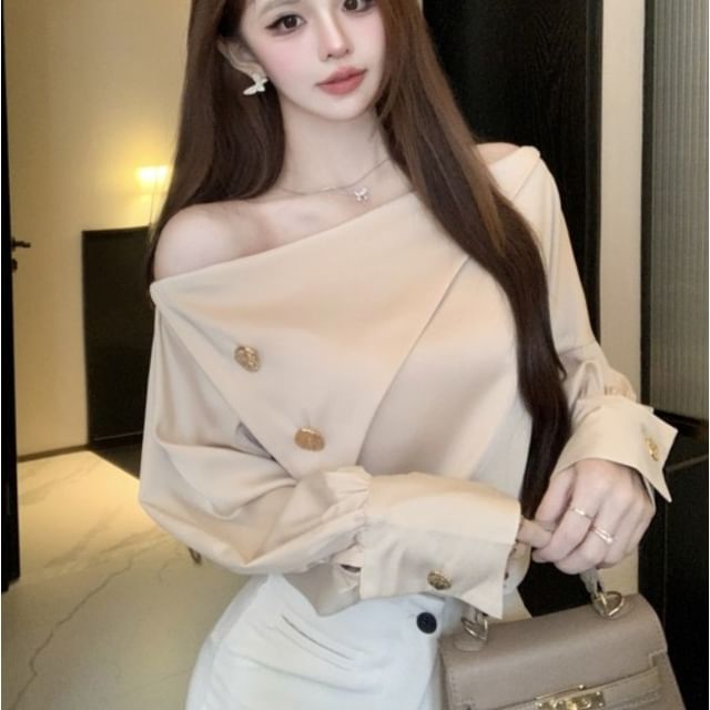 Whoosh-Off-Shoulder Plain Asymmetrical Blouse