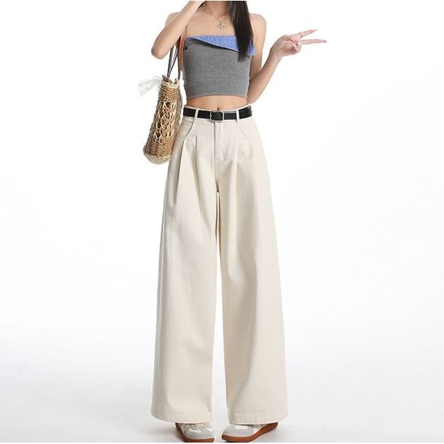 Denimot-Mid Waist Plain Wide Leg Jeans