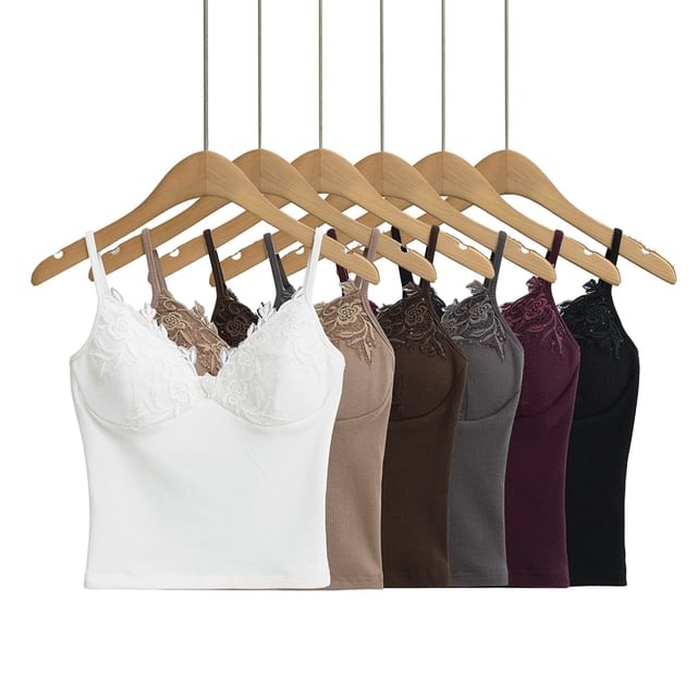 Ulark-V-Neck Plain Padded Panel Lace Cami Top