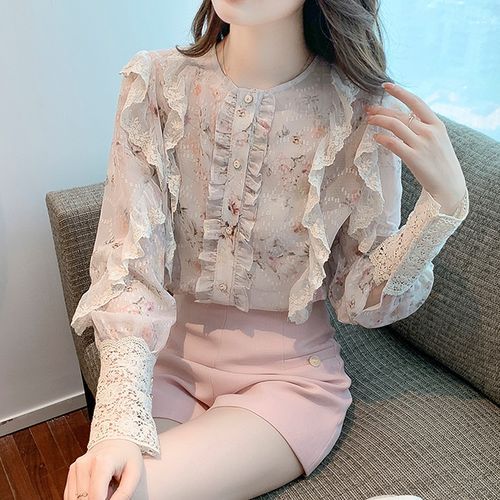 PERFASHIONIST - Long-Sleeve Round Neck Frill Trim Floral Blouse