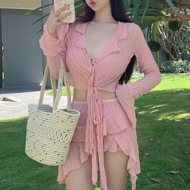 CUCURBIT-Set Plain Bikini V-Neck Ruffle Cover Up Jacket Asymmetrical Cover Up Skirt