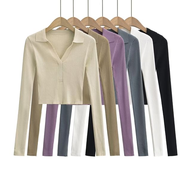 Osion-Long-Sleeve Plain Crop Polo Shirt