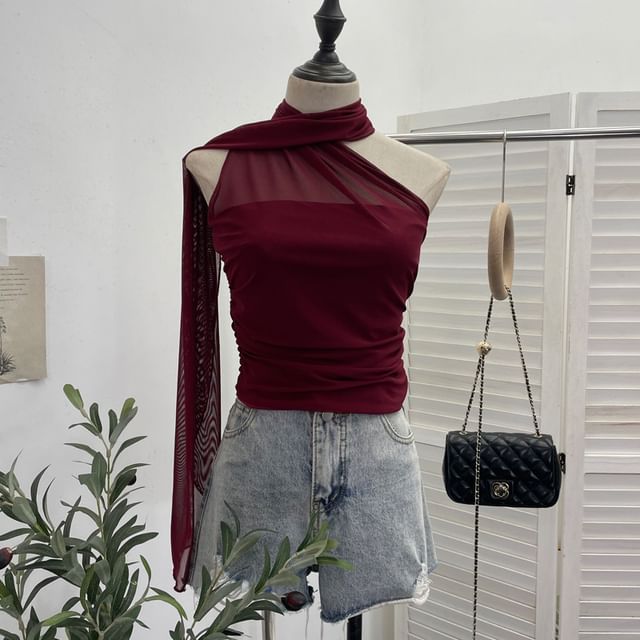 Allinya-Sleeveless Scarfed Plain Top