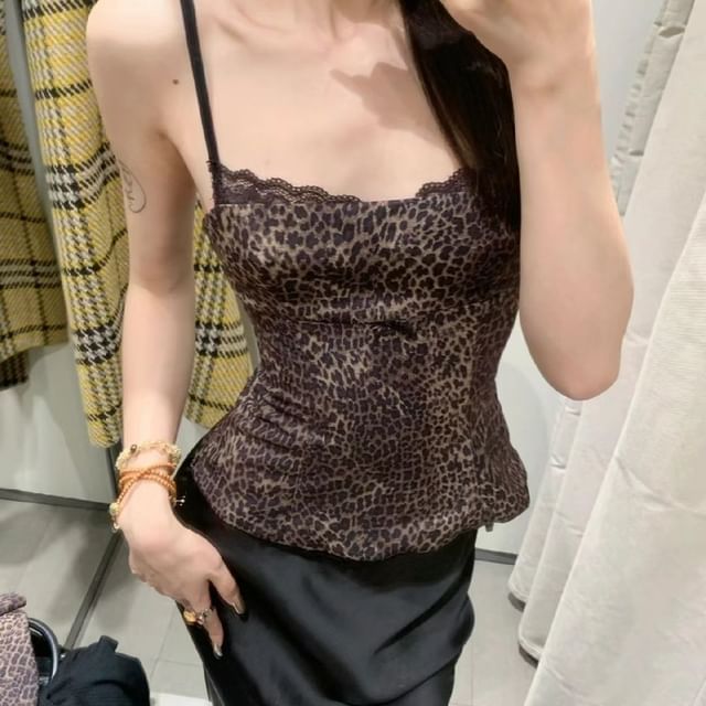 Jerolenea-Leopard Print Lace Trim Slim Fit Cami Top