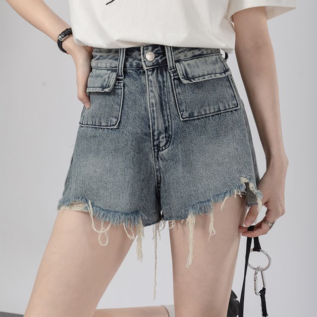 Everose-High Waist Washed Distressed Denim Hot Pants