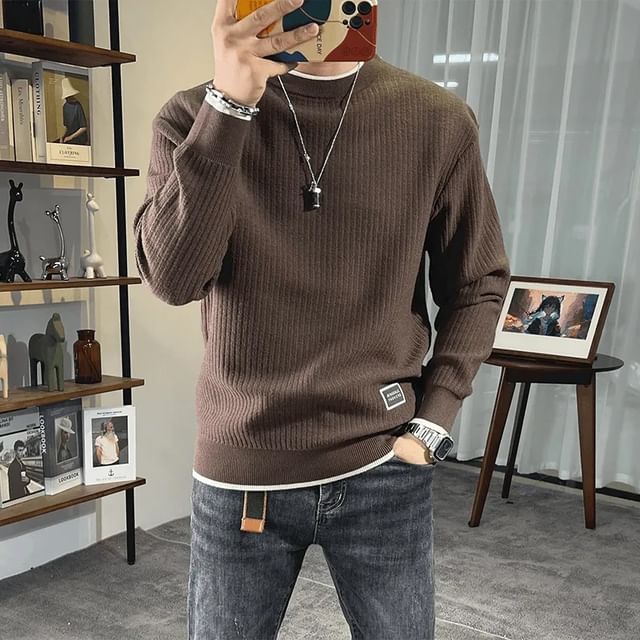 Zentrus-Crew Neck Plain Contrast Trim Ribbed Sweater