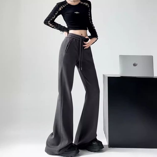 Dovitade-Drawstring Waist Plain Flared Pants