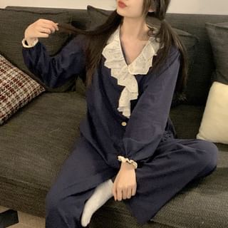 Dazzli-Pajama Set Long-Sleeve V-Neck Two Tone Eyelet Lace Panel Button-Up Top Pants