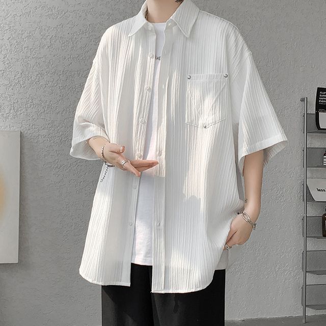 Savenne-Short-Sleeve Plain Ribbed Button-Up Shirt