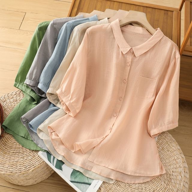 Supernova-Puff-Sleeve Plain Button-Shirt