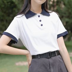TREEZIN - Short-Sleeve Contrast Collar Cropped Polo Shirt