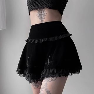 meadowdrop - Cross Embroidered Lace Trim Velvet Mini A-Line Skirt ...