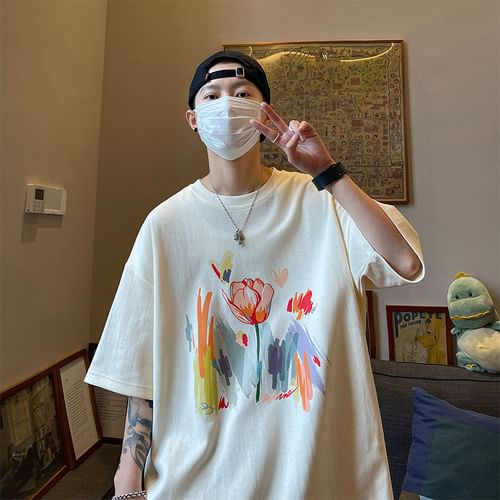 Elbow-Sleeve Crew Neck Flower Print Oversized T-Shirt