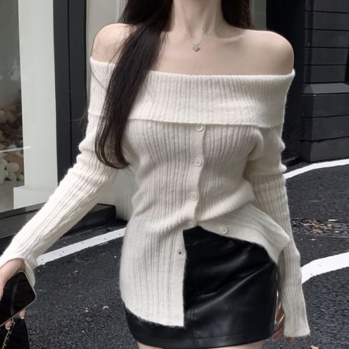 Sosana - Long Sleeve Off-Shoulder Ribbed-Knit Sweater