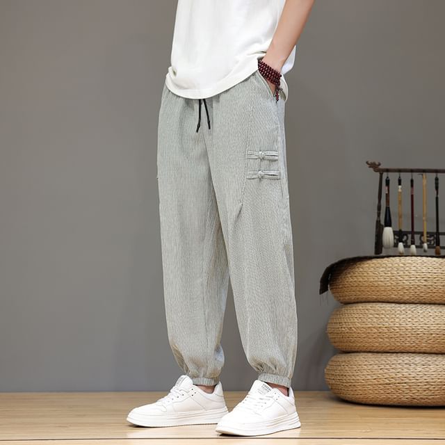 Aozora-Drawstring Waist Plain Frog-Button Cropped Harem Pants