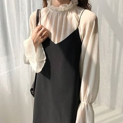 Shopherd - Bell-Sleeve Mock-neck Top/ Spaghetti Strap Pinafore Dress Shopherd - Bell-Sleeve Mock-neck Top/ Spaghetti Strap Pinafore Dress
