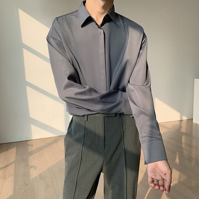 Adothuiastic-Long Sleeve Collared Plain Button Shirt