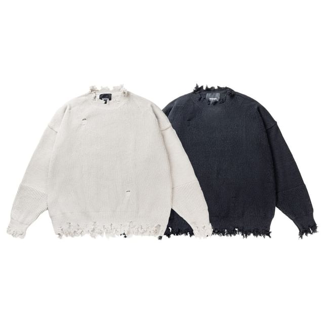 VEAZ-Crew Neck Plain Distressed Sweater