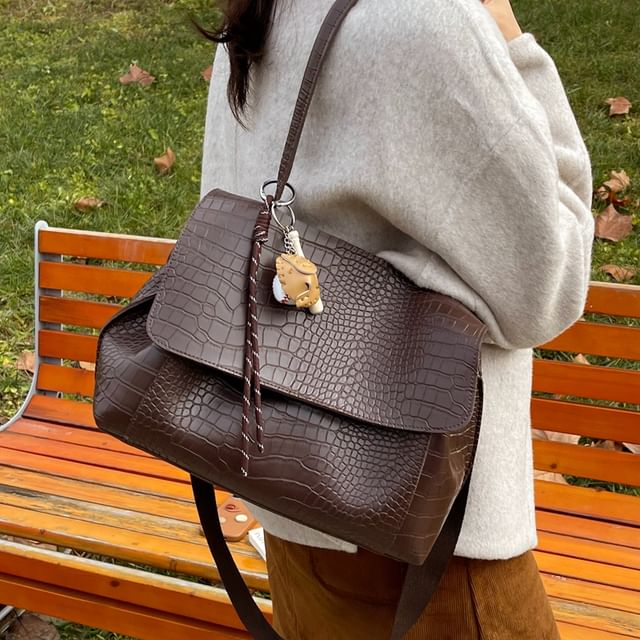 KOCORE-Faux Croc Leather Flap Shoulder Bag