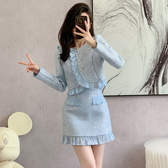 Yilda-Set Round Neck Ruffle Tweed Button Jacket High Waist Mini Pencil Skirt