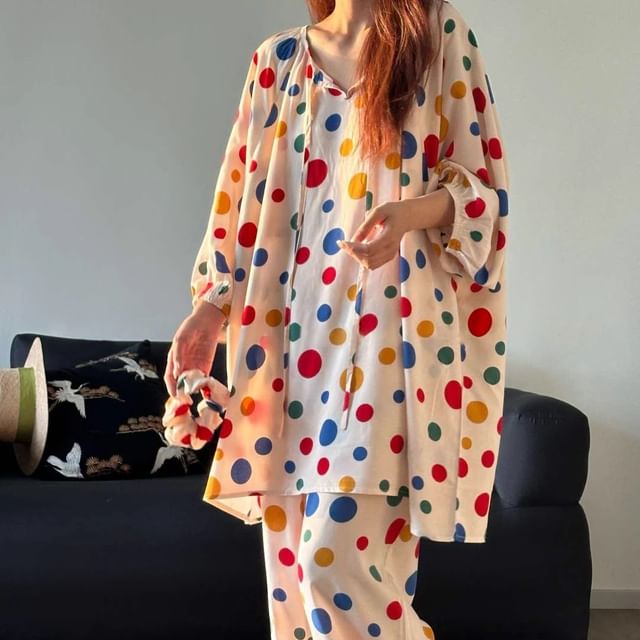GOUB-Pajama Set Long-Sleeve Dotted Top Pants