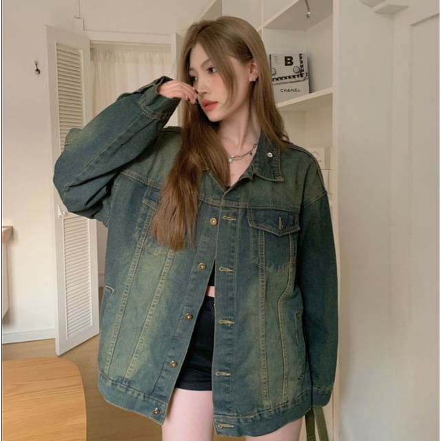 Lexama-Collared Washed Denim Button Down Jacket