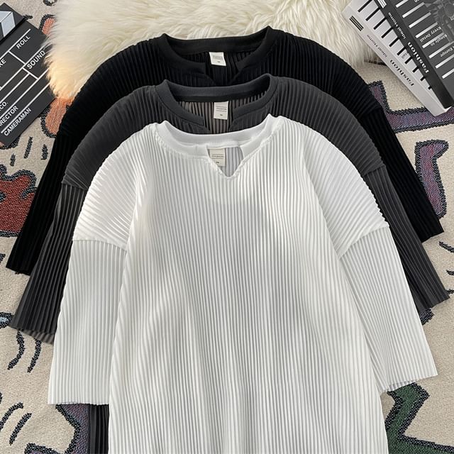 GRAYCIOUS-Short Sleeve Notch Neck Plain Pleated Top