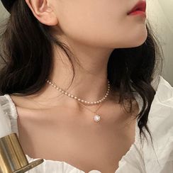 YUGGI - Faux Pearl Pendant Layered Choker YUGGI - Faux Pearl Pendant Layered Choker