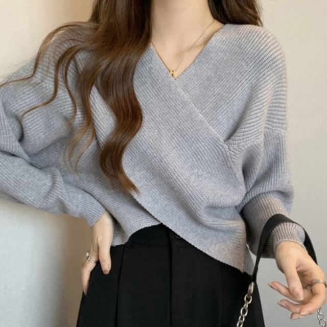 FR-Long-Sleeve V-Neck Plain Ribbed Knit Top