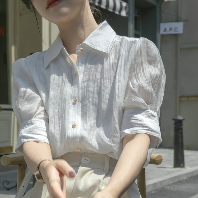 Omibayo-Puff-Sleeve Collared Plain Button-Up Blouse