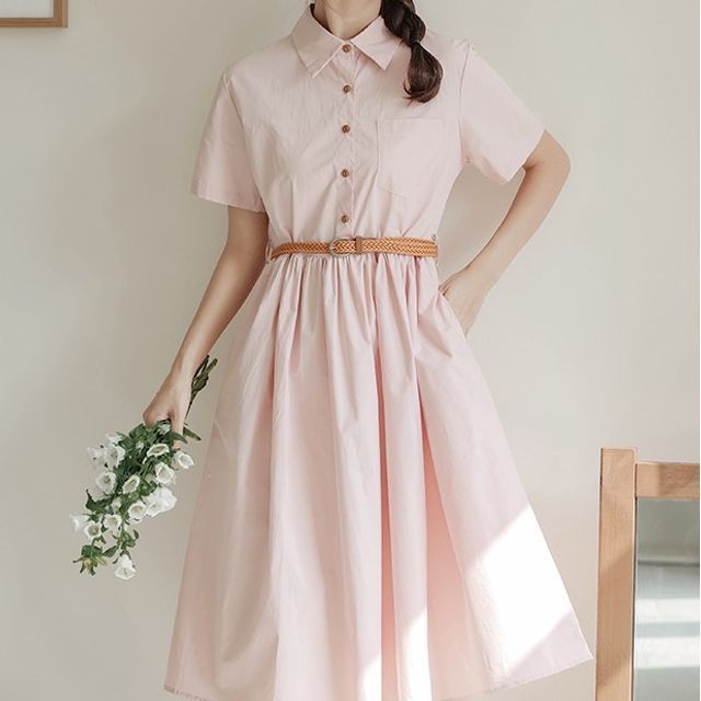 sansweet - Short-Sleeve Plain A-Line Shirt Dress | YesStyle