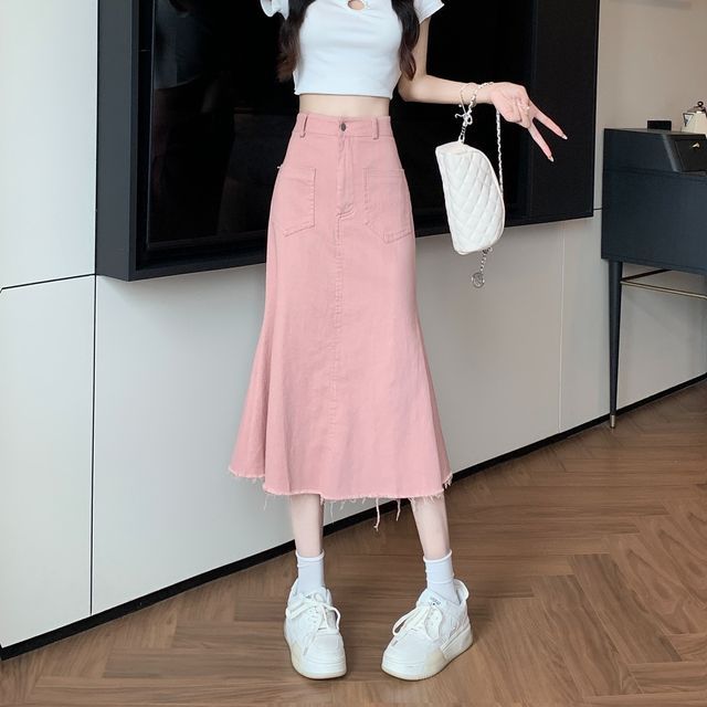 Isaaca High Rise Plain Fray Midi Mermaid Denim Skirt YesStyle