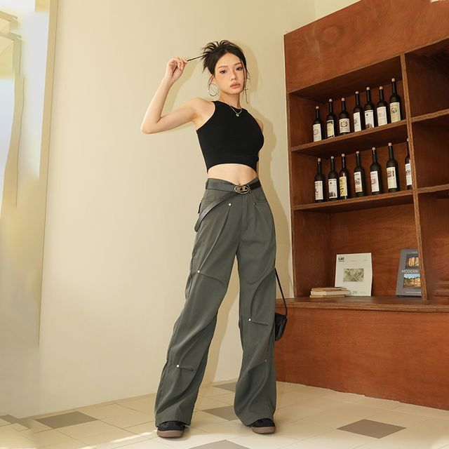 Janflower - High-Rise Plain Wide Leg Cargo Pants