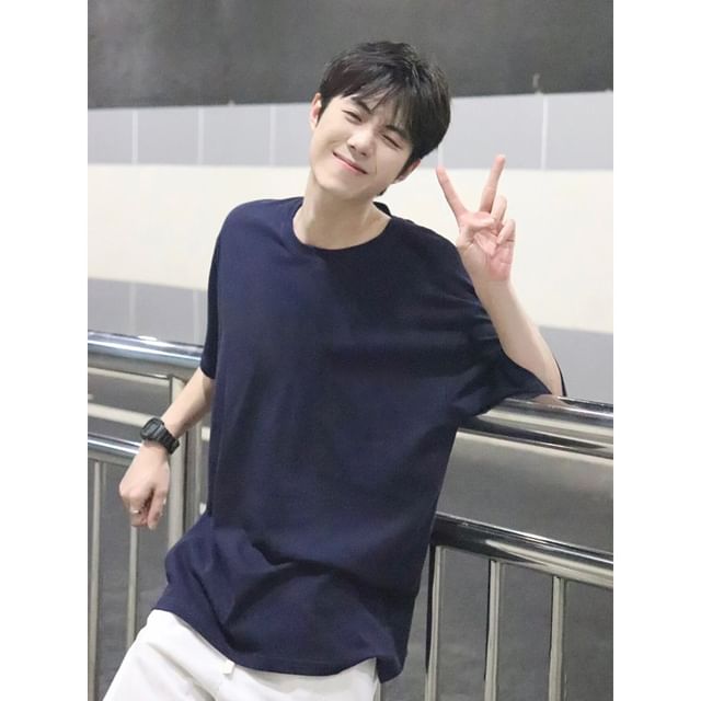 FOEV-Elbow-Sleeve Crew Neck Plain T-Shirt