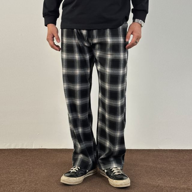DragonRoad-Drawstring Waist Plaid Loose Fit Pants