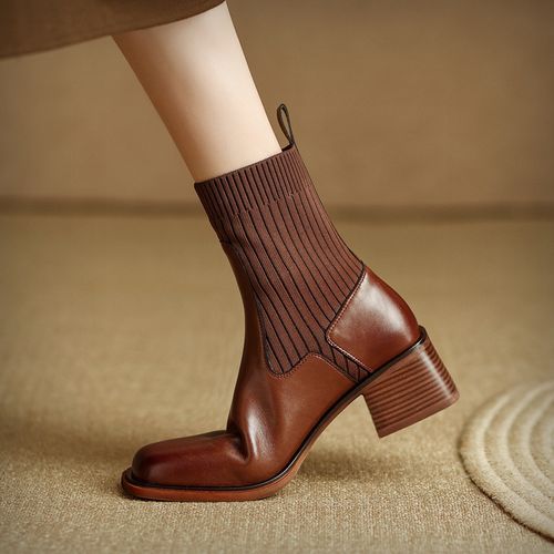 Block-Heel Square Toe Knit Short Boots