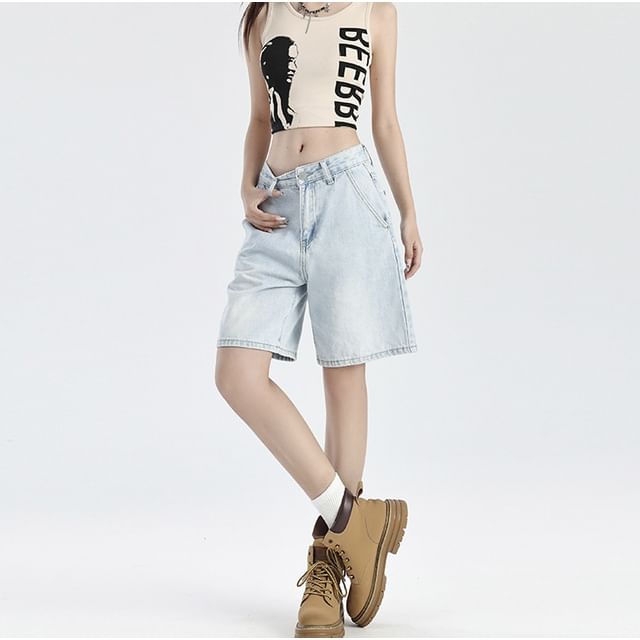 Denimot-Mid Rise Washed Denim Shorts Jorts