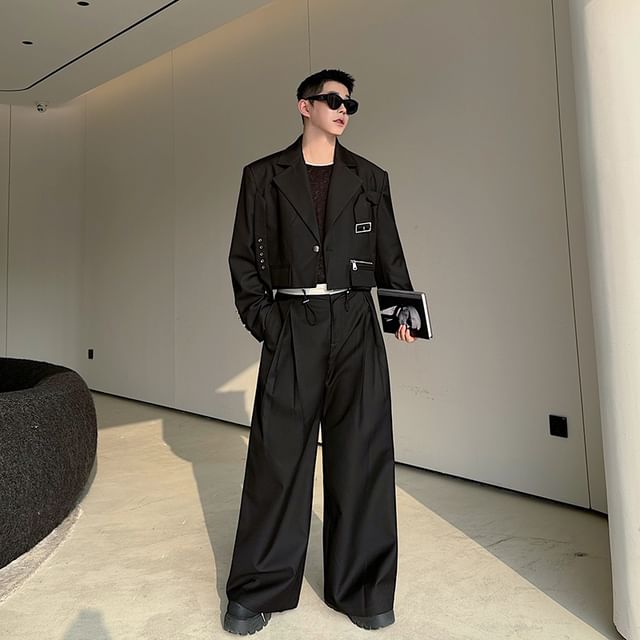 Orungeetun-Set Notch Lapel Plain Cropped Single-Button Blazer Mid Rise Inverted Pleated Wide Leg Pants