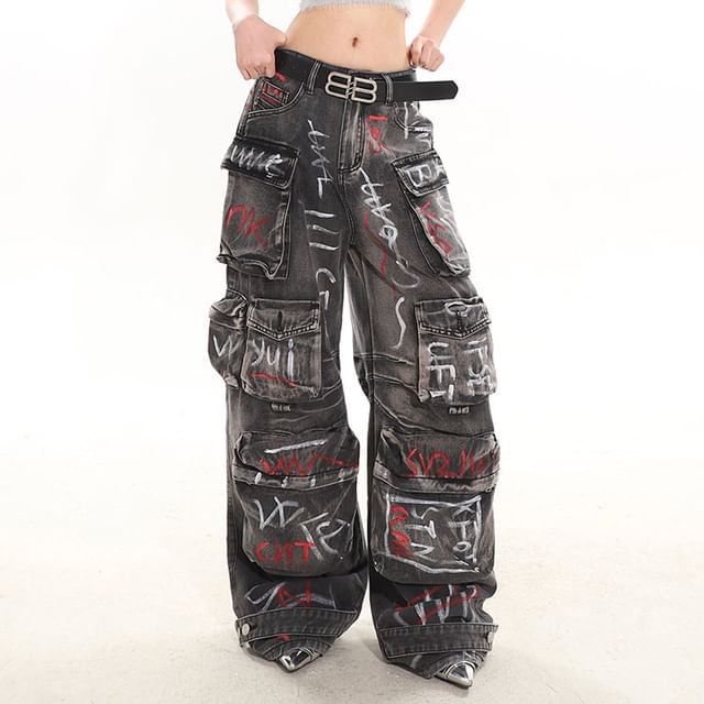 国内で当店のみ DETW - Heavy Washed Graffiti Wide-Leg Pants Heavy Washed Graffiti Wide-Leg Pants - BCAESAR