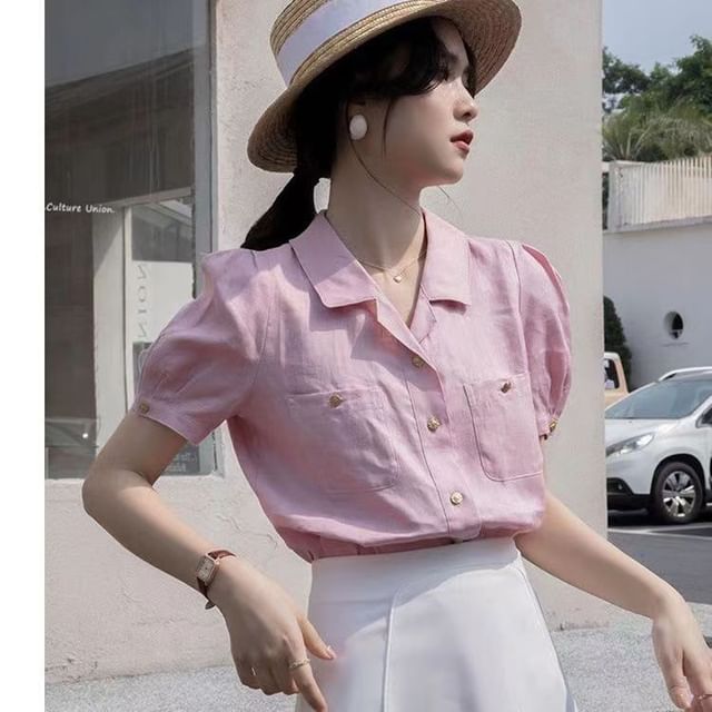 Everose-Short-Sleeve Lapel Collar Plain Shirt