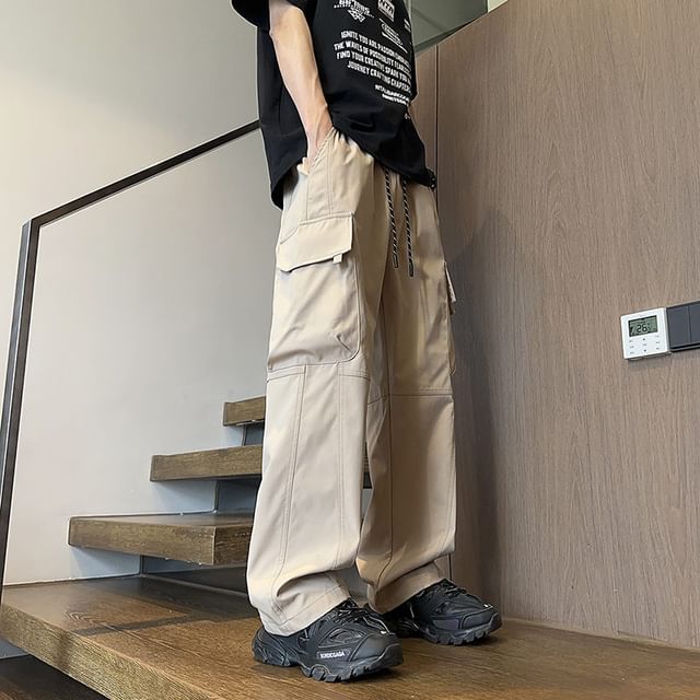 Obikan-Drawstring Waist Plain Cargo Wide Leg Pants