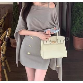 Trendycas-Spaghetti Strap Plain Double-Breasted Mini Bodycon Dress Asymmetrical Poncho